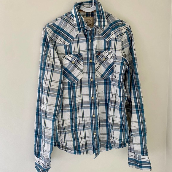 Hollister Co. Other - Hollister Shirt Men's Small Western Blue White Plaid Stripe Snap Up Preppy
